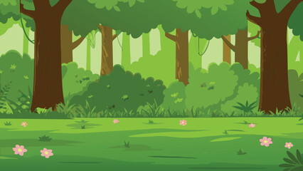 A vibrant cartoon illustration of a lush green forest landscape © PUNNABEGUM