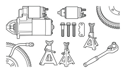 Starter motor assembly with solenoid jack stands and ratchet wrench for car electrical system repair © GoDesigner