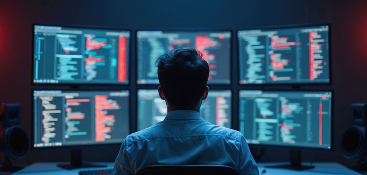 Person works with multiple computer screens showing code and data. Programmer monitors system status with digital interfaces. Tech specialist analyses information on displays.