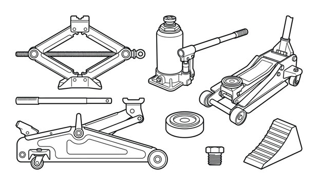 Set of various car jacks and accessories line art vector illustration