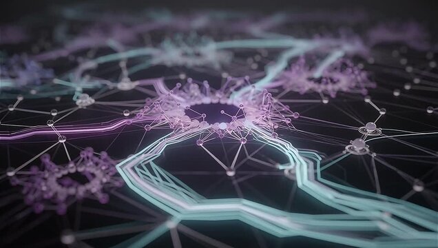 Dynamic network of nodes continuously adjusting connections, lines strengthening and fading as data flows through, pulsing signals indicating learning process, purple and cyan glow