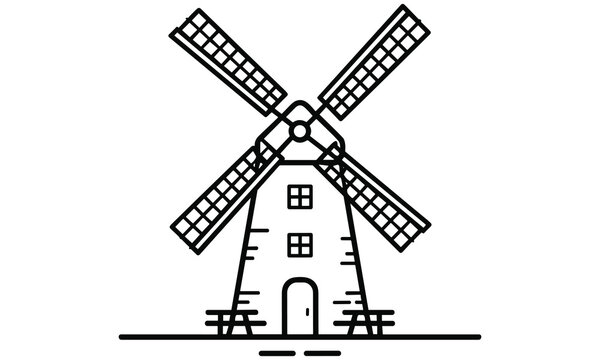 Black and white illustration of a traditional windmill with rotating blades and a small door