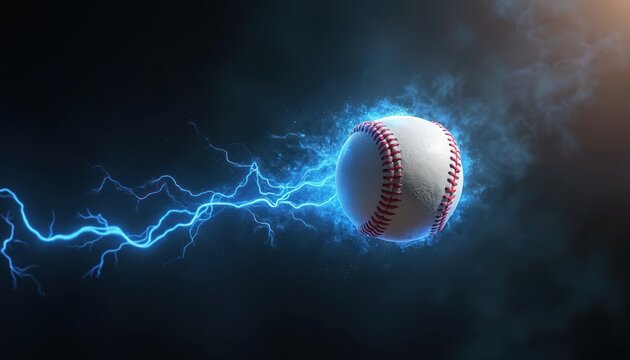 Baseball flies fast with blue lightning trails and energy sparks. Powerful, dynamic motion symbol of sport game speed. Intense action, exciting play, athletic competition, quick movement.
