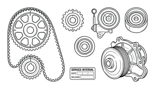 Timing belt and water pump service set including tensioner pulley cam gears and maintenance log tag