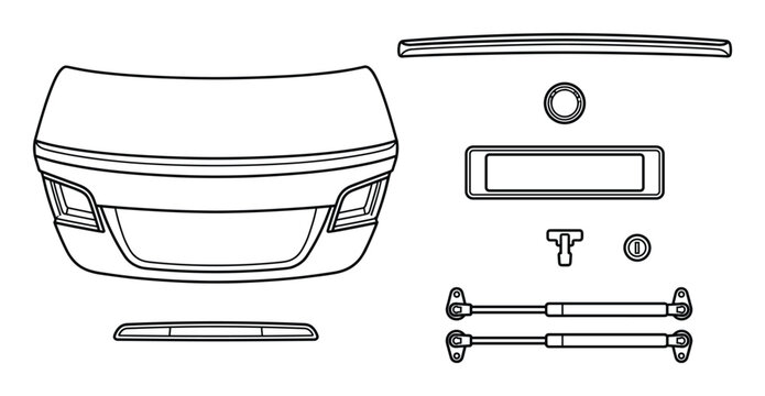 Trunk lid assembly and rear vehicle components including license plate bracket and gas struts vector