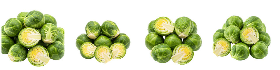 Obraz premium Fresh Brussels Sprouts Piled Together on a White Background.