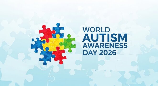 Minimalist world autism awareness day 2026 poster with vibrant primary color puzzle logo on clean white background
