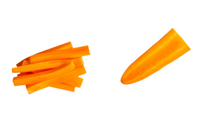 Top view set of orange carrot slices in stick shapes in stack isolated with clipping path in png...