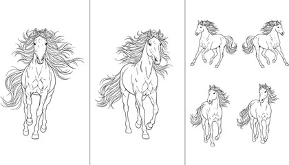 Running horse front view vector set with flowing mane detailed equine line art illustrations collection isolated © pappa