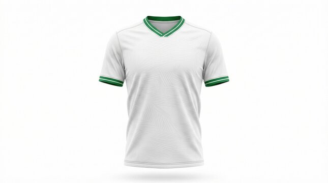White soccer jersey mockup with green trim and short sleeves