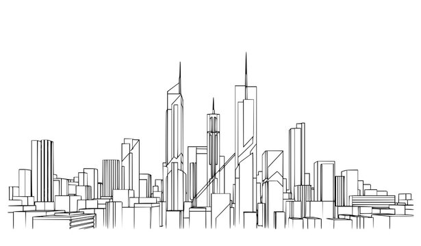Minimal abstract cityscape line sketch with geometric urban buildings in modern outline vector on white background