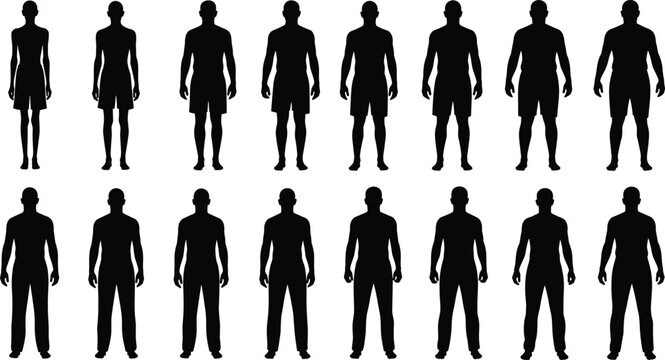 Collection of male body silhouette figures showing different builds and proportions, human anatomy set isolated for fitness, medical, and design reference use