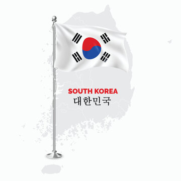 Waving flag of South Korea on flagpole. Template for independence day poster design, South Korea Flag with World Map Behind them on White Background
