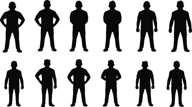 Collection of male silhouette figures in standing poses, men character set isolated for human illustration, design, and body posture reference use
