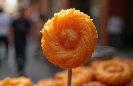 Golden orange sweet pastry on stick, spiral shape, deep fried dough with sugar syrup glaze. Traditional Peruvian picarones dessert closeup, blurred street background.