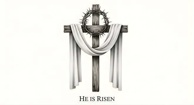 He Is Risen Wooden Cross Crown of Thorns and White Cloth.