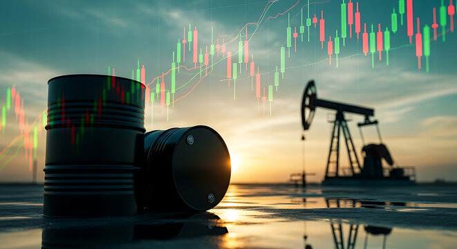 Industrial oil barrels aur pump jacks ke upar glowing stock market charts global energy prices ki uthaar charhao dikhate hain