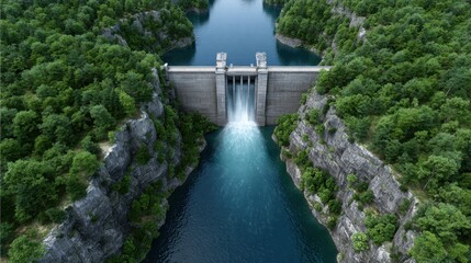 Obraz premium Aerial View of a Modern Concrete Dam Surrounded by Lush Green Forests and Blue Waters of a Serene River Valley