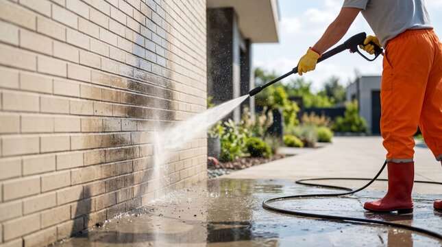 Worker using pressure washer to clean brick wall outside house. High pressure water jet removing dirt from exterior surface. Home maintenance and cleaning service concept.
