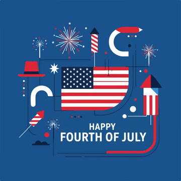 Patriotic illustration featuring fireworks, the American flag, and stylized shapes