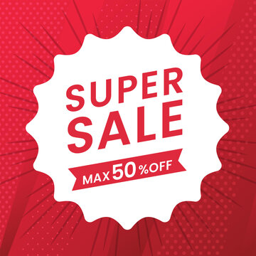 Red super sale background with radial sunburst and max 50 percent off discount promotion banner 赤い放射状セール背景