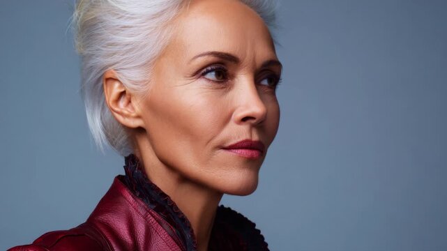 Elegant Portrait of a Mature Woman with Silver Hair and Stylish Red Jacket Captured in Soft Lighting Against a Neutral Background, Emphasizing Beauty and Grace