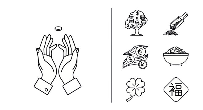 Black and white outline icons showing blessing hands, prosperity symbols, wealth flow, rice pouring, and good fortune elements for New Year.