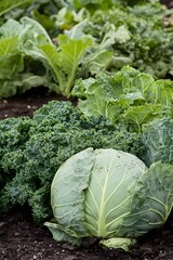 Naklejka premium Cabbage kale and collard greens growing in garden bed