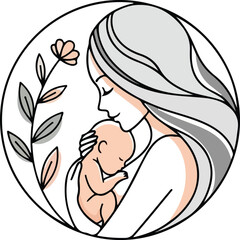 Obraz premium Minimalist Mother and Newborn Baby Circle Illustration Tender Motherhood Love