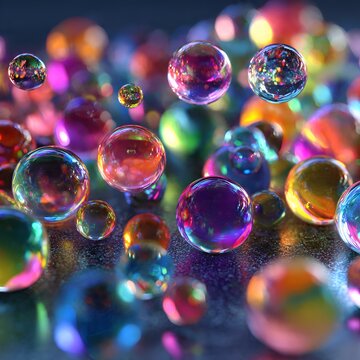 Iridescent Gel Beads Floating in Mid Air with Colorful Bokeh Background