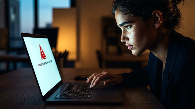Focused woman laptop security alert unauthorized access night