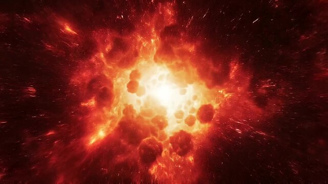 Vibrant orange star with a small dark planet in space