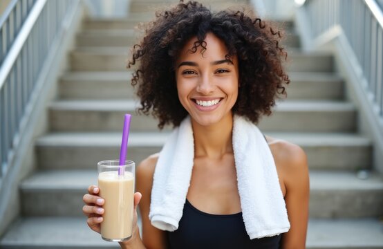 Young woman with curly hair smiles holding a refreshing smoothie after exercise. She wears workout clothes and a towel, looking healthy and happy. Lifestyle beverage concept.