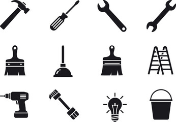 Fototapeta premium Collection of Black Icons Featuring Painting, Plumbing, and Building Tools Keywords: tools, painting, plumbing, building, hammer, screwdriver