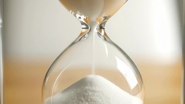 Close-up of Hourglass with White Sand Falling, Symbolizing Time Passing