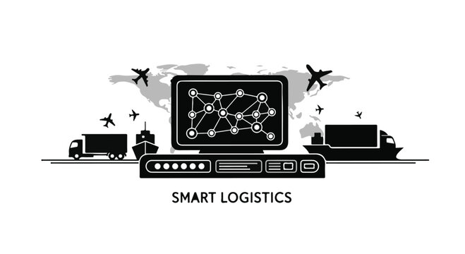 Digital smart logistics concept features a central computer screen displaying a network connection over silhouettes of global transport like trucks, ships, and airplanes.