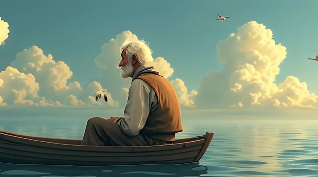 Old Fisherman Sitting In Boat Under Vast Sky Reflecting On Life Inspired By Poetic Story Illustration
