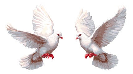 Fototapeta premium Two White Pigeon Birds Flying Together With Wide Spread Wings