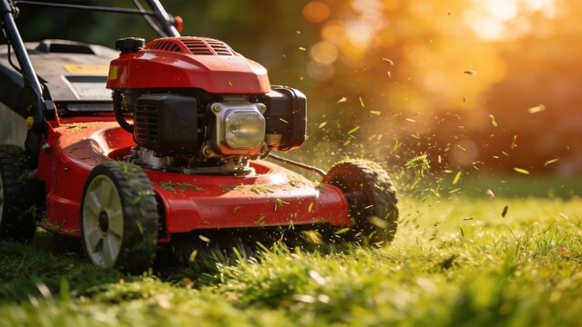 Red lawn mower cutting grass in sunlight
