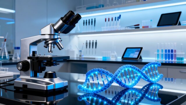 Microscope and DNA model in lab