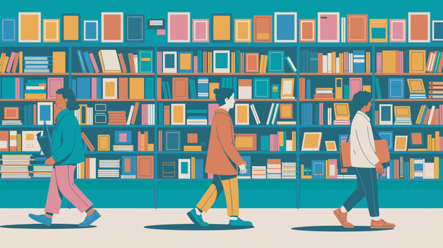 Three people walking in front of a large colorful bookshelf in a library or bookstore