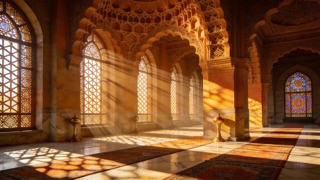 Sunlit ornate mosque interior