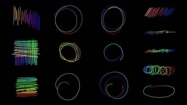Freehand Scribble Shapes Formation Isolated on Transparent Background - Set of 14 Multicolor Gradient Strokes
