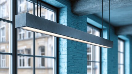 Naklejka premium Modern pendant light fixture in contemporary office interior with large windows and industrial stone walls