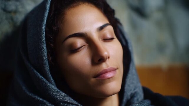 A woman with closed eyes experiences a moment of reflection, clad in a soft, grey scarf, enveloped in a serene atmosphere that captures her calm demeanor.