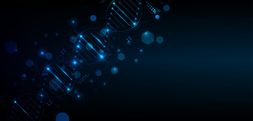 Abstract glowing blue DNA double helix structure with digital particles and hexagons on a dark...