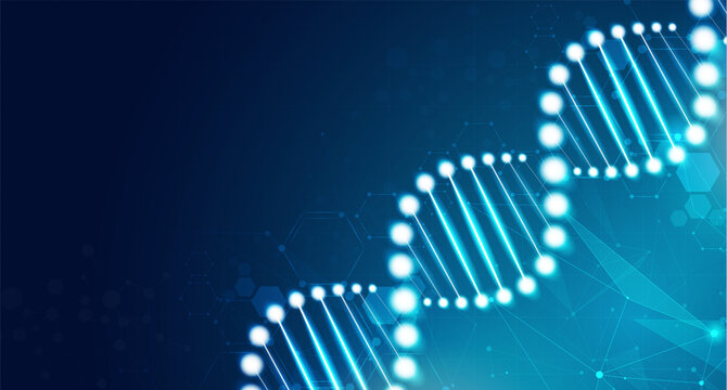 Abstract glowing blue DNA double helix molecule structure with interconnected nodes and lines on a dark blue background