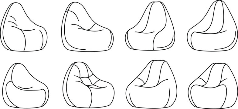 A collection of various bean bag chairs presented in a simple, clean line art style, perfect for design elements.