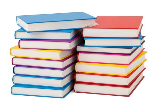 Stacks of colorful books isolated on a white background, representing education and knowledge