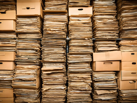 Old paper files and recycled cardboard archive boxes stacked in dense storage room, orderly yet aged with warm tones and visible texture